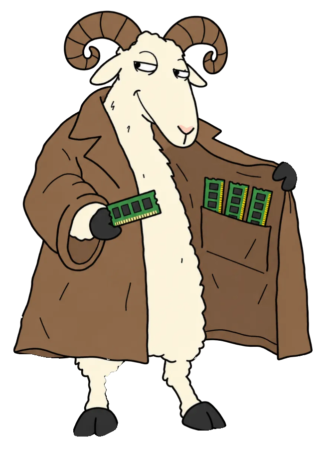 RAM Dealer, a ram in a brown trench coat, opening one lapel to show green RAM sticks in the inside pocket while holding another out