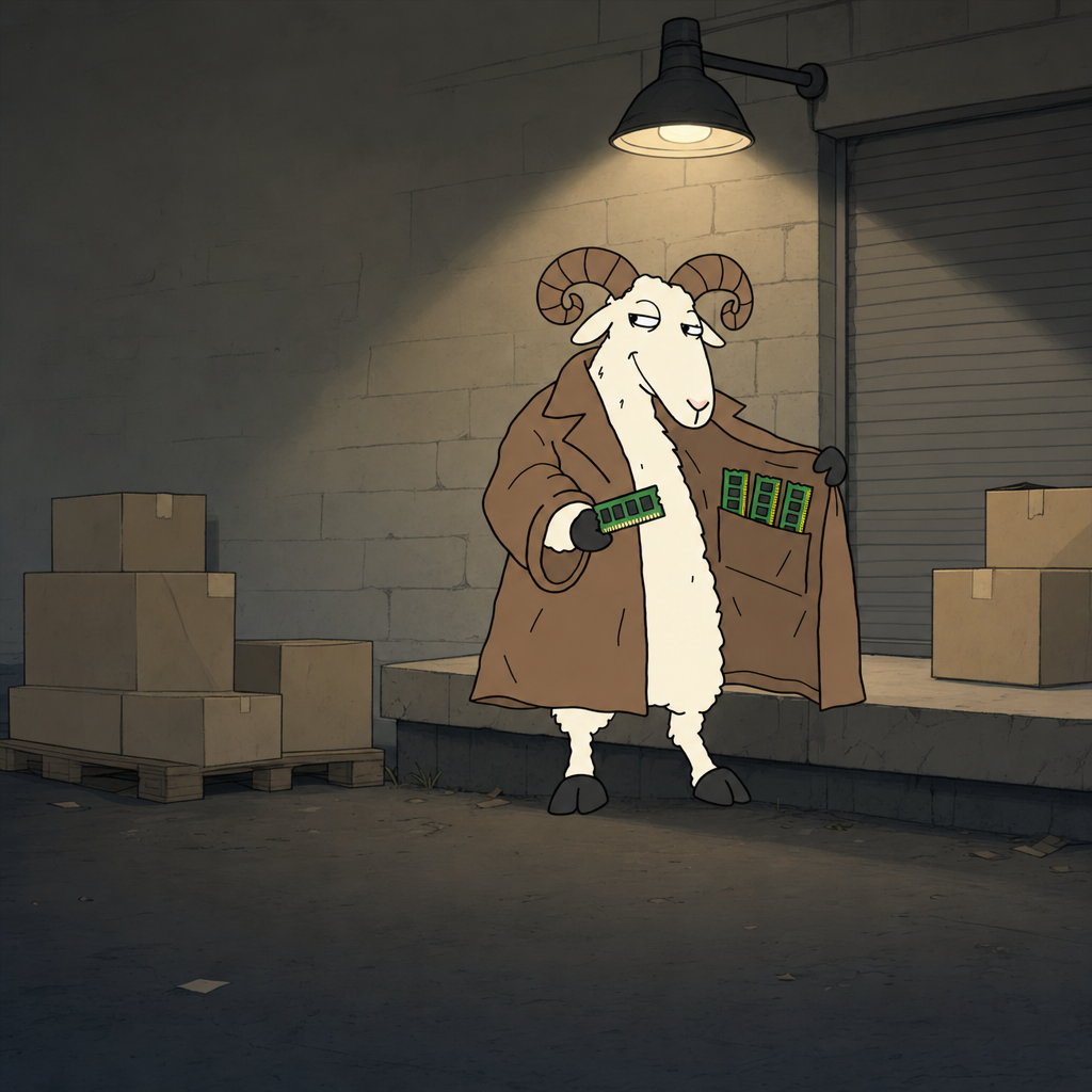 RAM Dealer standing on a loading dock at night under a security lamp, coat open to show RAM sticks, cardboard boxes stacked nearby